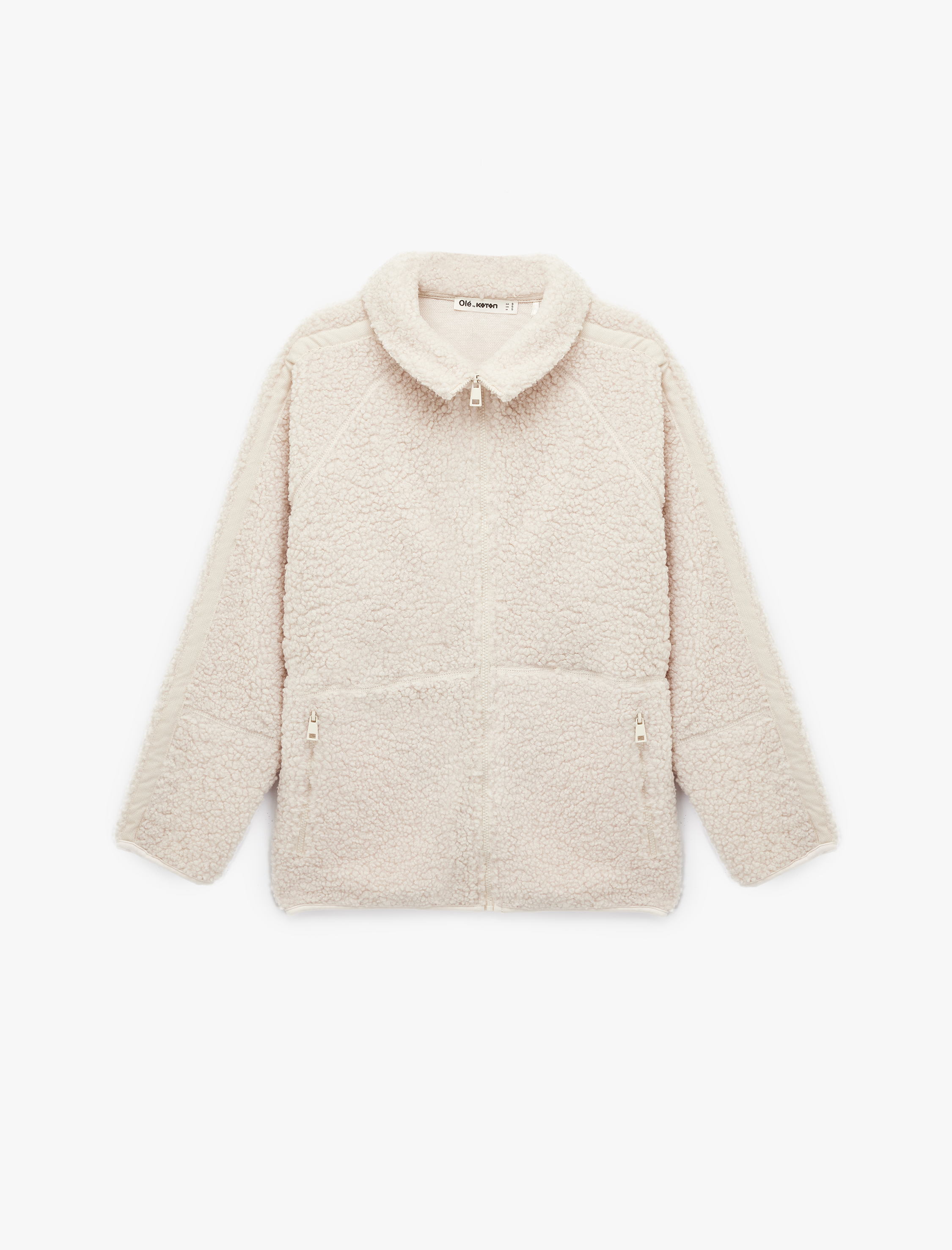   Uzun Kollu Dik Yaka Cep Detaylı Fermuarlı Oversize Peluş Ceket