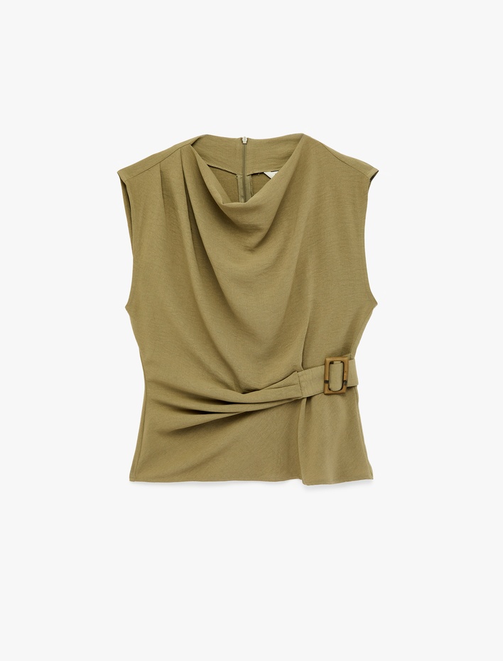  Aerobin Kumaş Hafif Degaje Yaka Kolsuz Kemerli Bluz