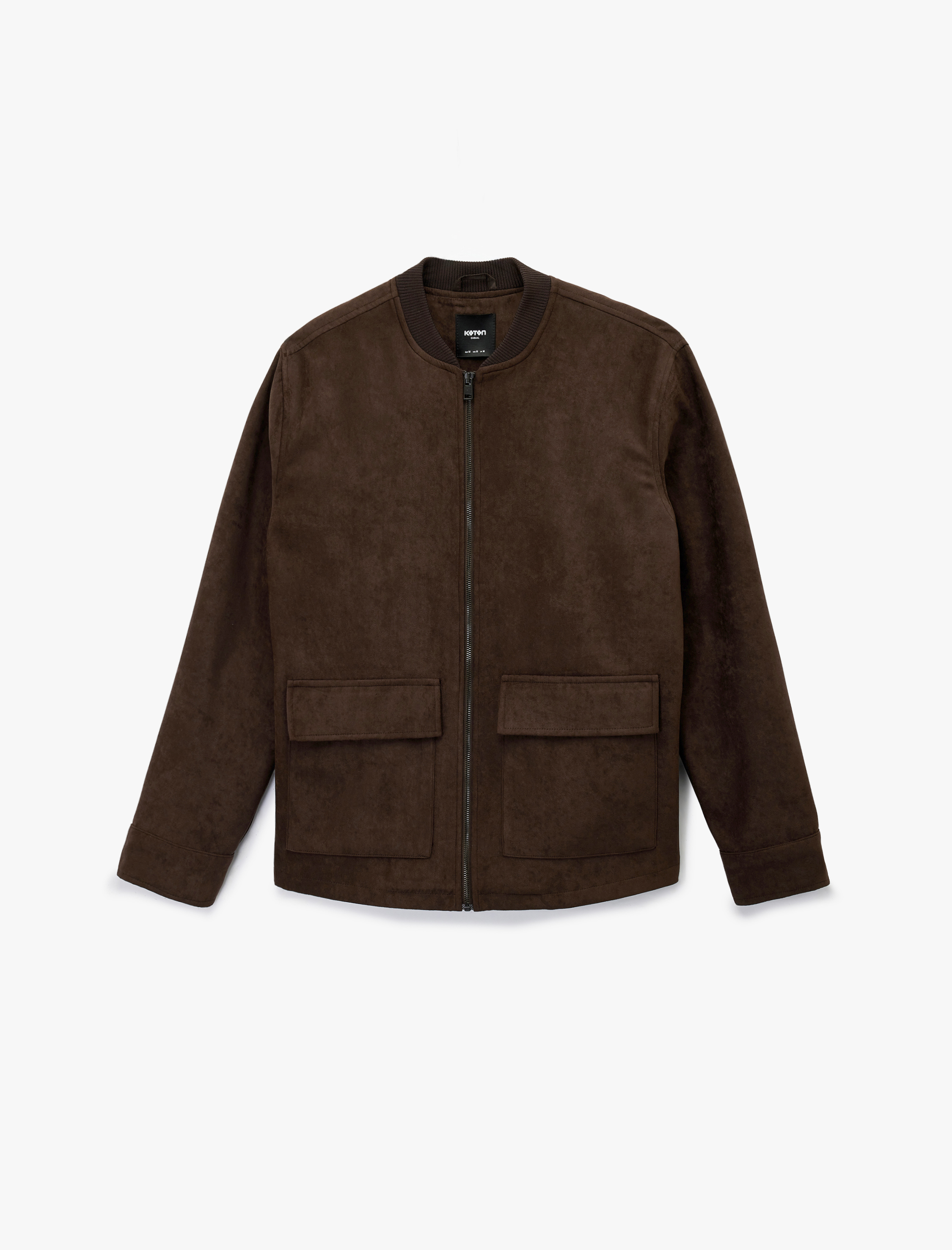   Uzun Kollu Kapaklı Cepli Kolej Yaka Fermuarlı Suni Süet Bomber Ceket