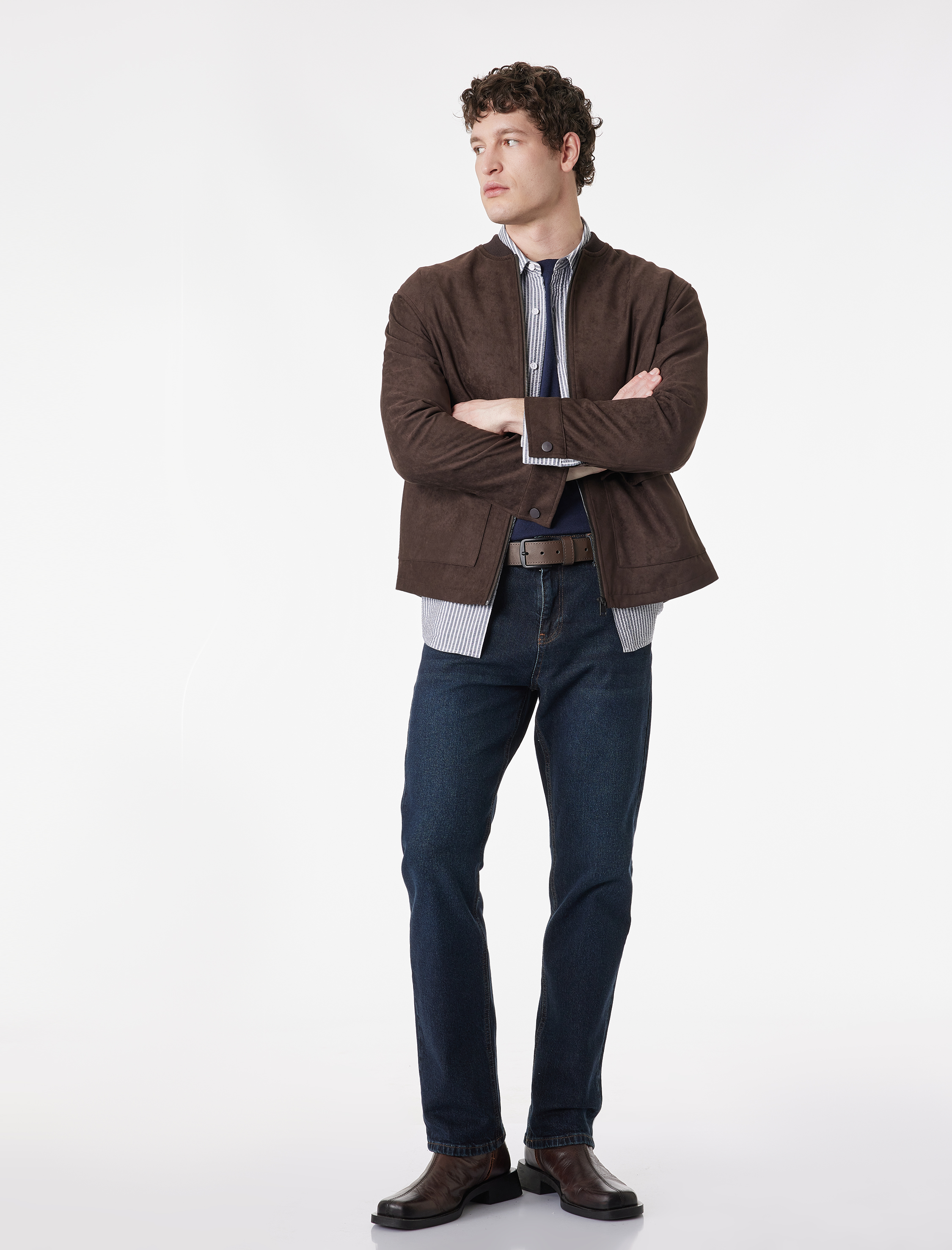   Uzun Kollu Kapaklı Cepli Kolej Yaka Fermuarlı Suni Süet Bomber Ceket