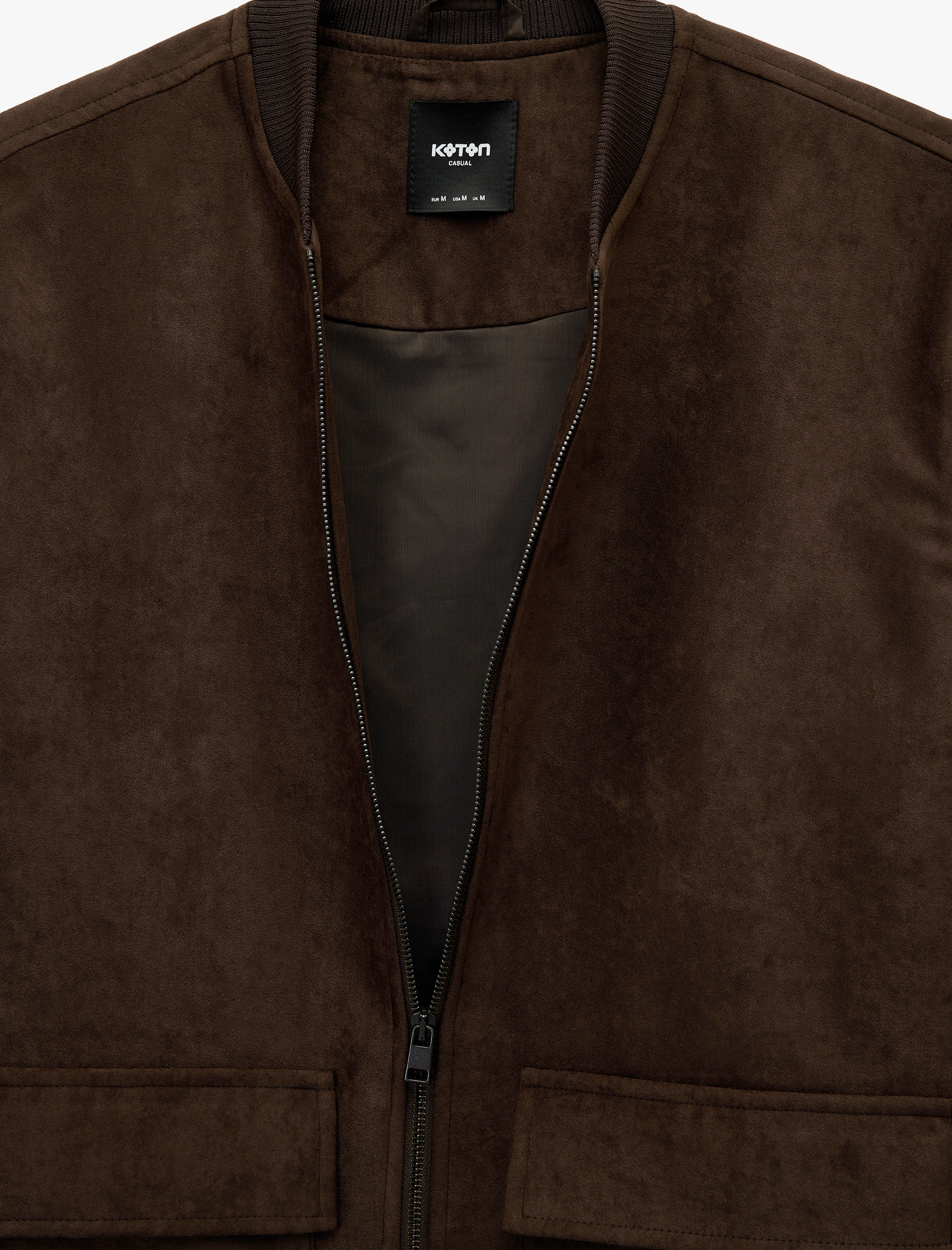   Uzun Kollu Kapaklı Cepli Kolej Yaka Fermuarlı Suni Süet Bomber Ceket