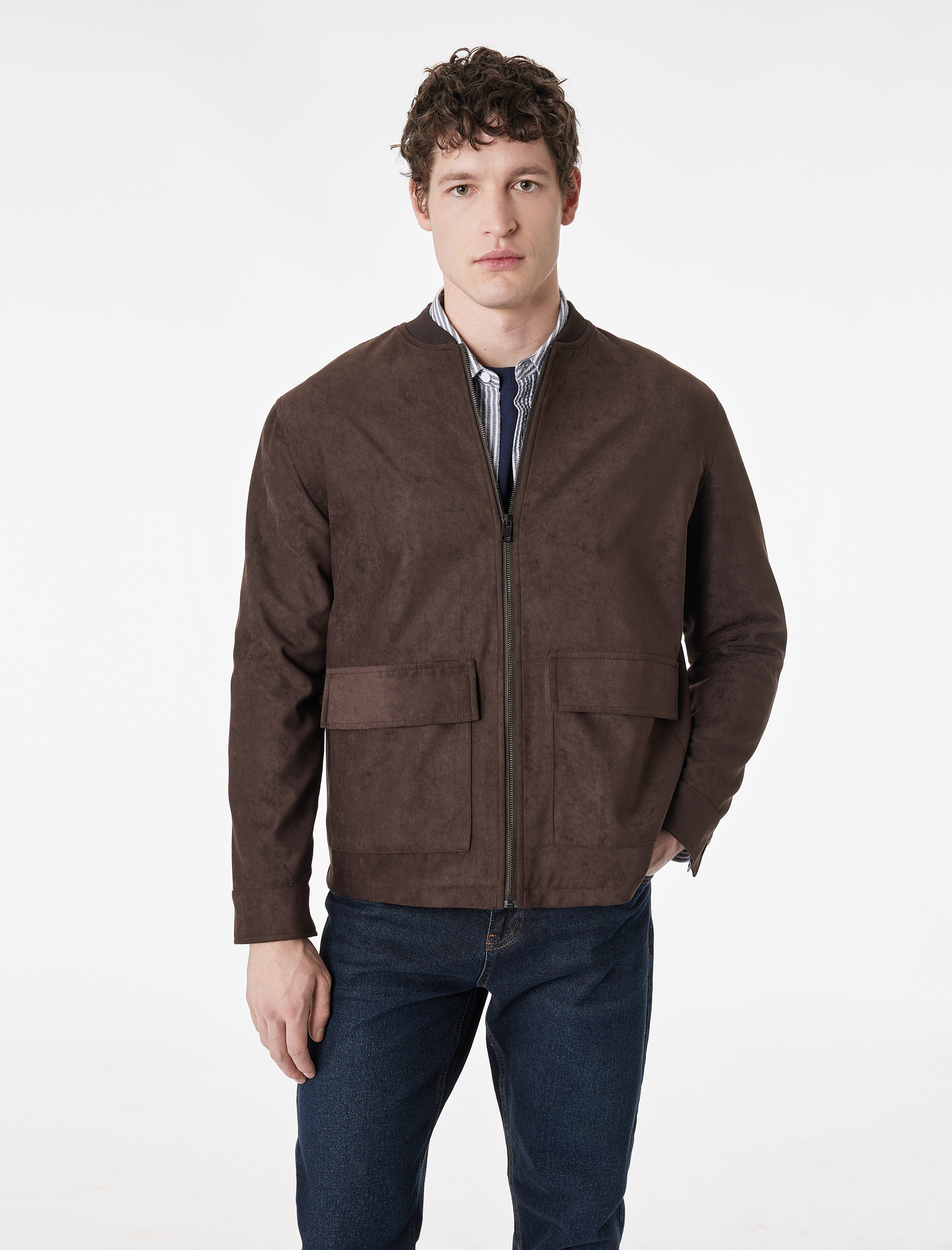   Uzun Kollu Kapaklı Cepli Kolej Yaka Fermuarlı Suni Süet Bomber Ceket