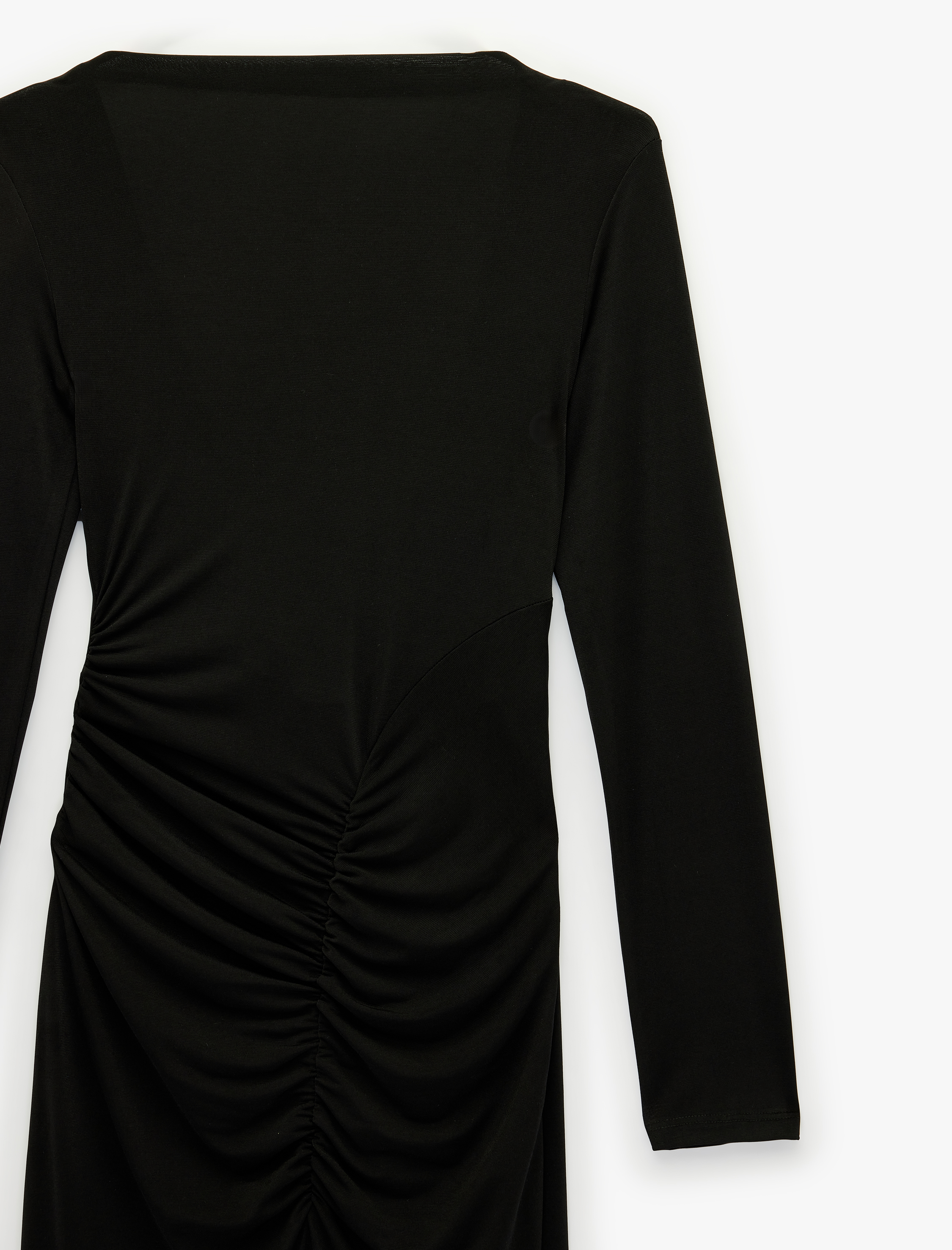   Slim Fit Drapeli Uzun Kollu Bisiklet Yaka Yırtmaçlı Maxi Elbise