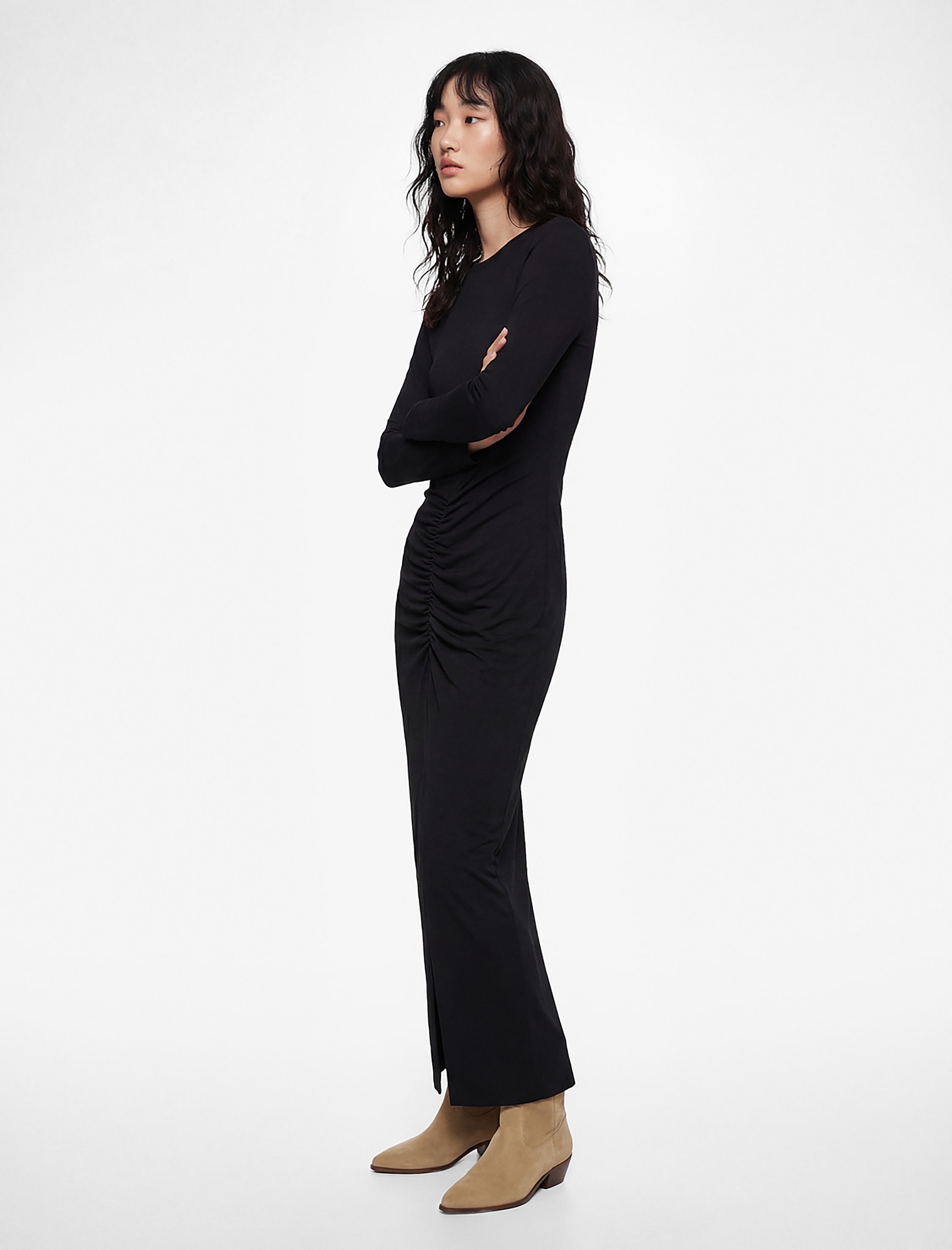 Koton Slim Fit Drapeli Uzun Kollu Bisiklet Yaka Yırtmaçlı Maxi Elbise görsel 5