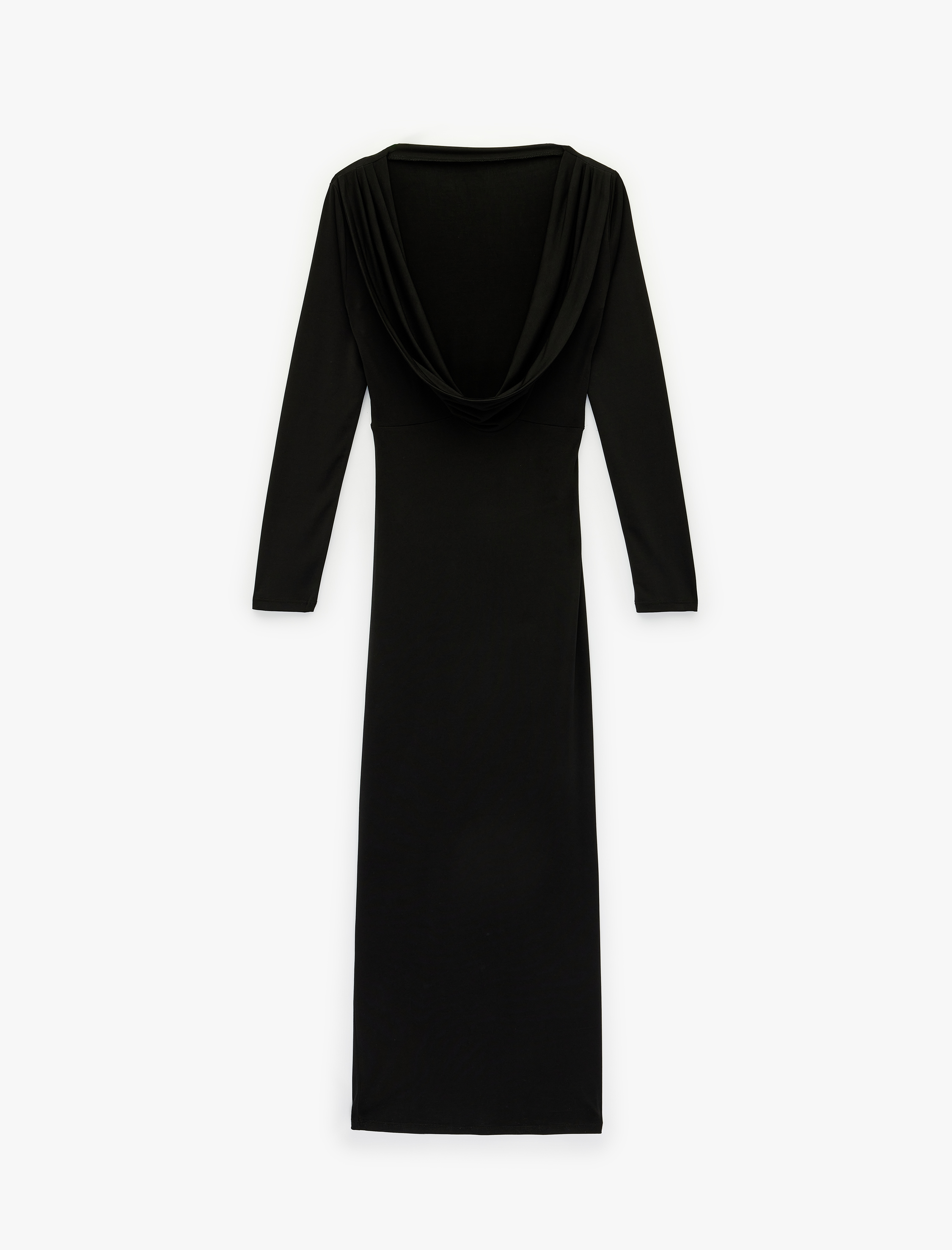   Slim Fit Drapeli Uzun Kollu Bisiklet Yaka Yırtmaçlı Maxi Elbise