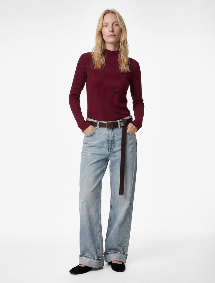  Viskon Kumaş Slim Fit Uzun Kollu Hafif Dik Yaka Dokulu Tişört