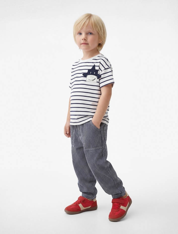 Erkek Bebek Pamuklu Kısa Kollu Bisiklet Yaka Aplikeli Çizgili Tişört