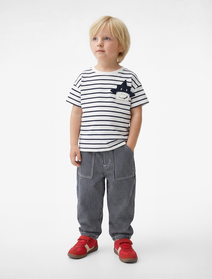 Erkek Bebek Pamuklu Kısa Kollu Bisiklet Yaka Aplikeli Çizgili Tişört