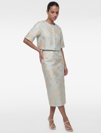 Metalik İplik Detaylı Çiçek Desenli Midi Kalem Etek