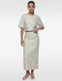 Metalik İplik Detaylı Çiçek Desenli Midi Kalem Etek