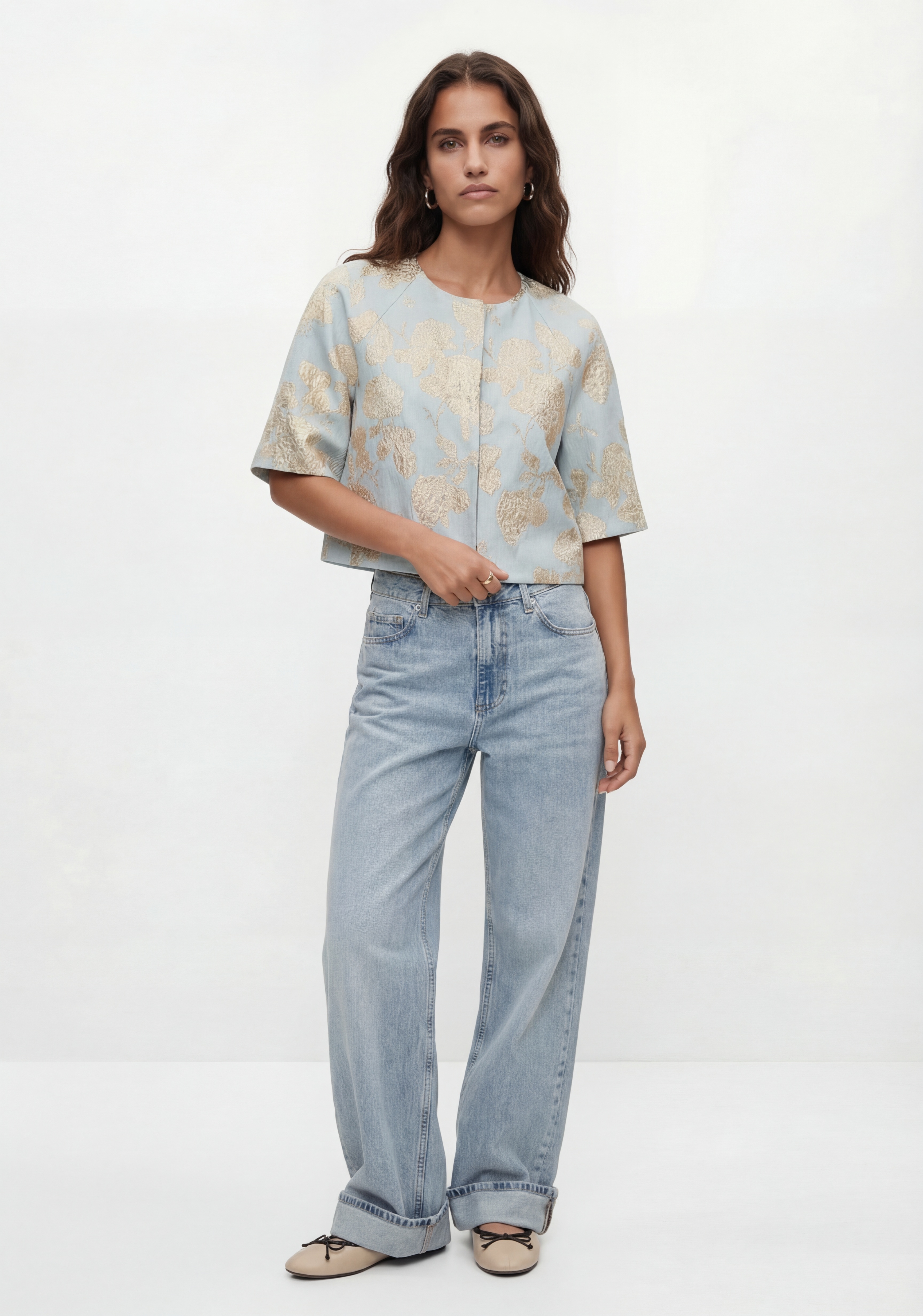   3/4 Kollu Bisiklet Yaka Metalik İşlemeli Crop Ceket