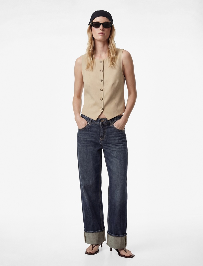  Keten Görünümlü Bisiklet Yaka Düğmeli Slim Fit Blazer Yelek