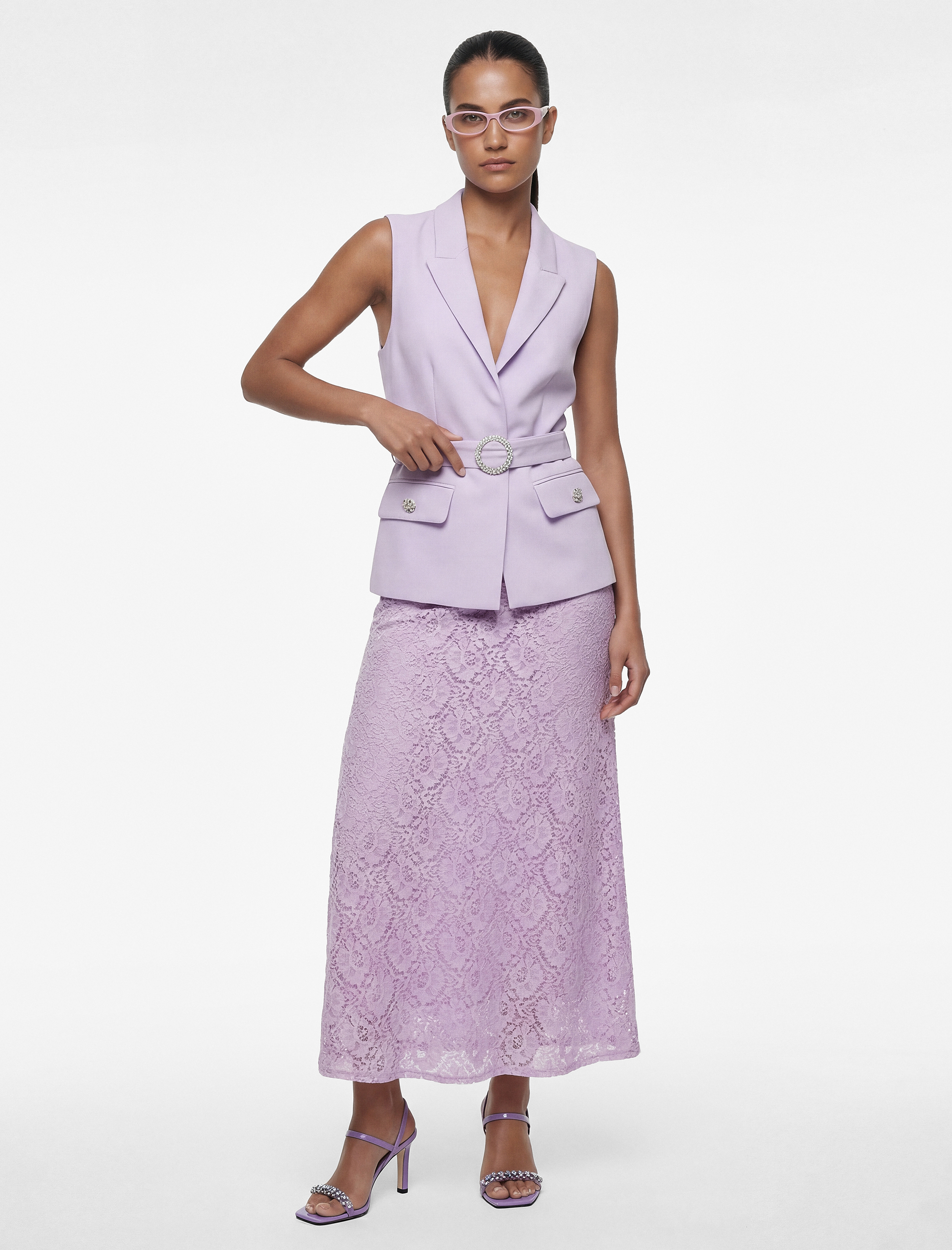   Mücevher Düğmeli Taşlı Kemer Detaylı Uzun Blazer Yelek