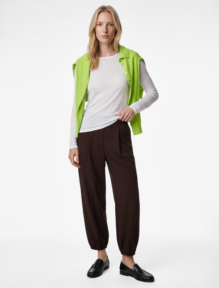  Normal Bel Pile Detaylı Paçası Lastikli Harem Pantolon