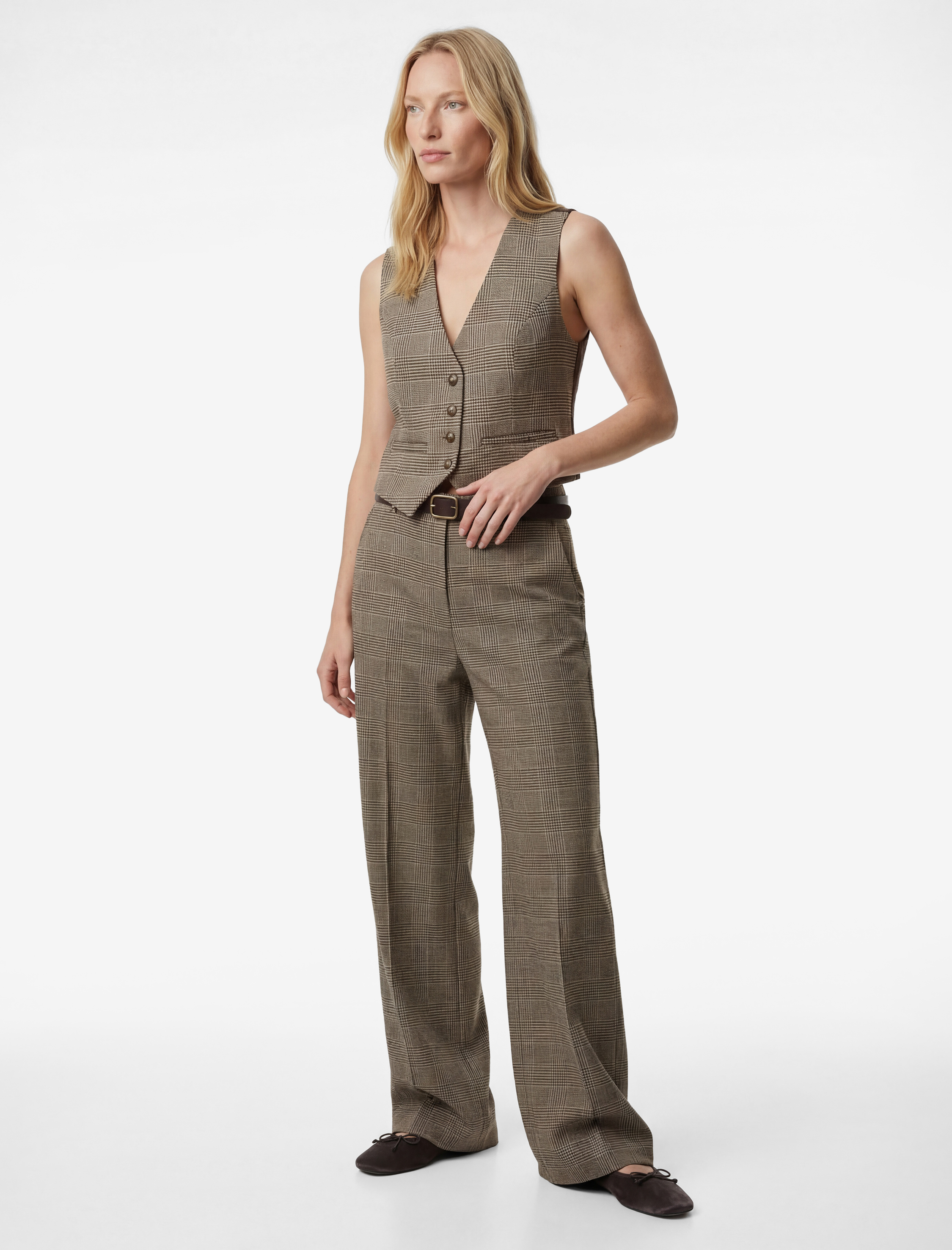   Kruvaze Düğmeli Ekose Crop Blazer Yelek