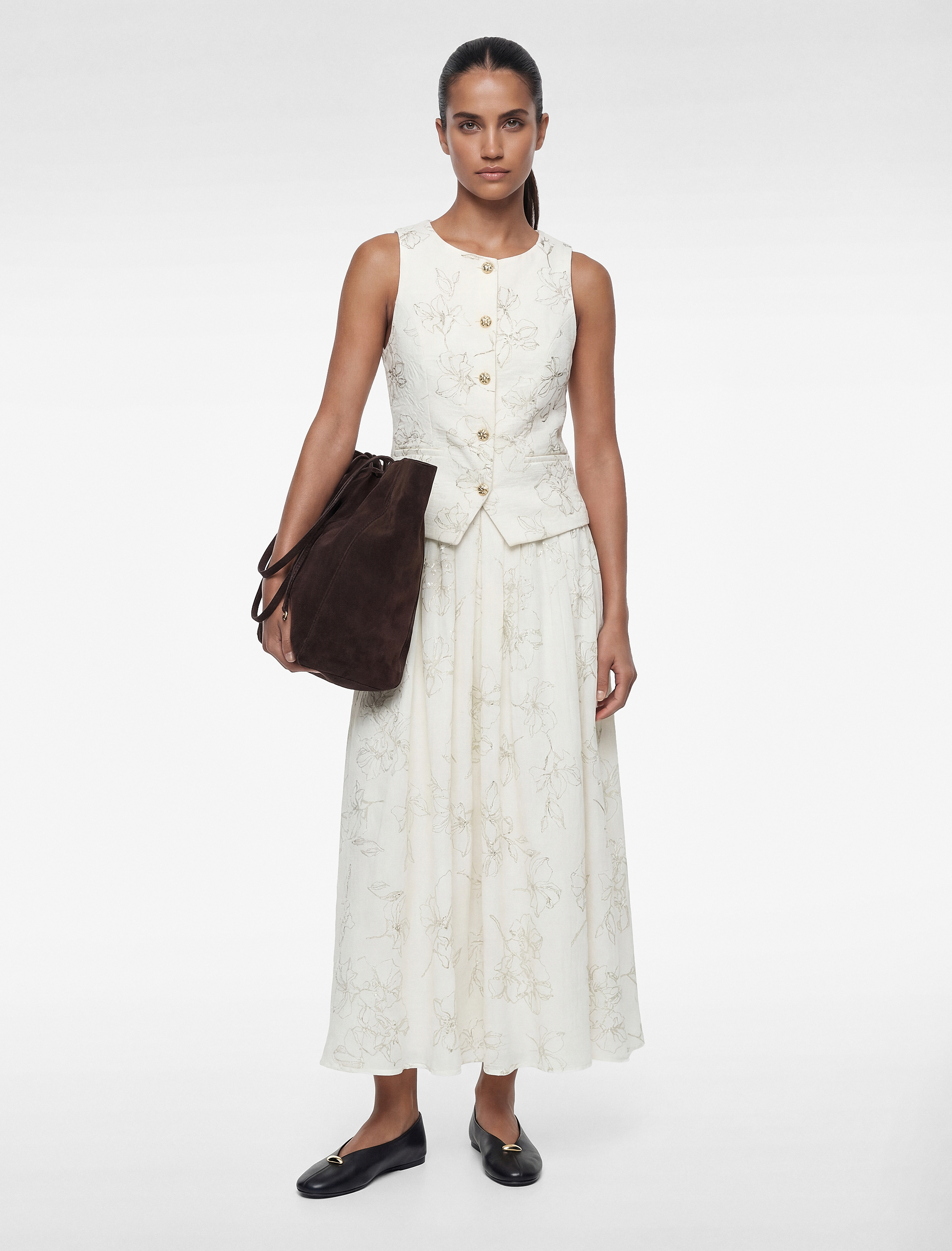   Pamuklu Mücevher Düğme Detaylı Bisiklet Yaka Çiçekli Yelek