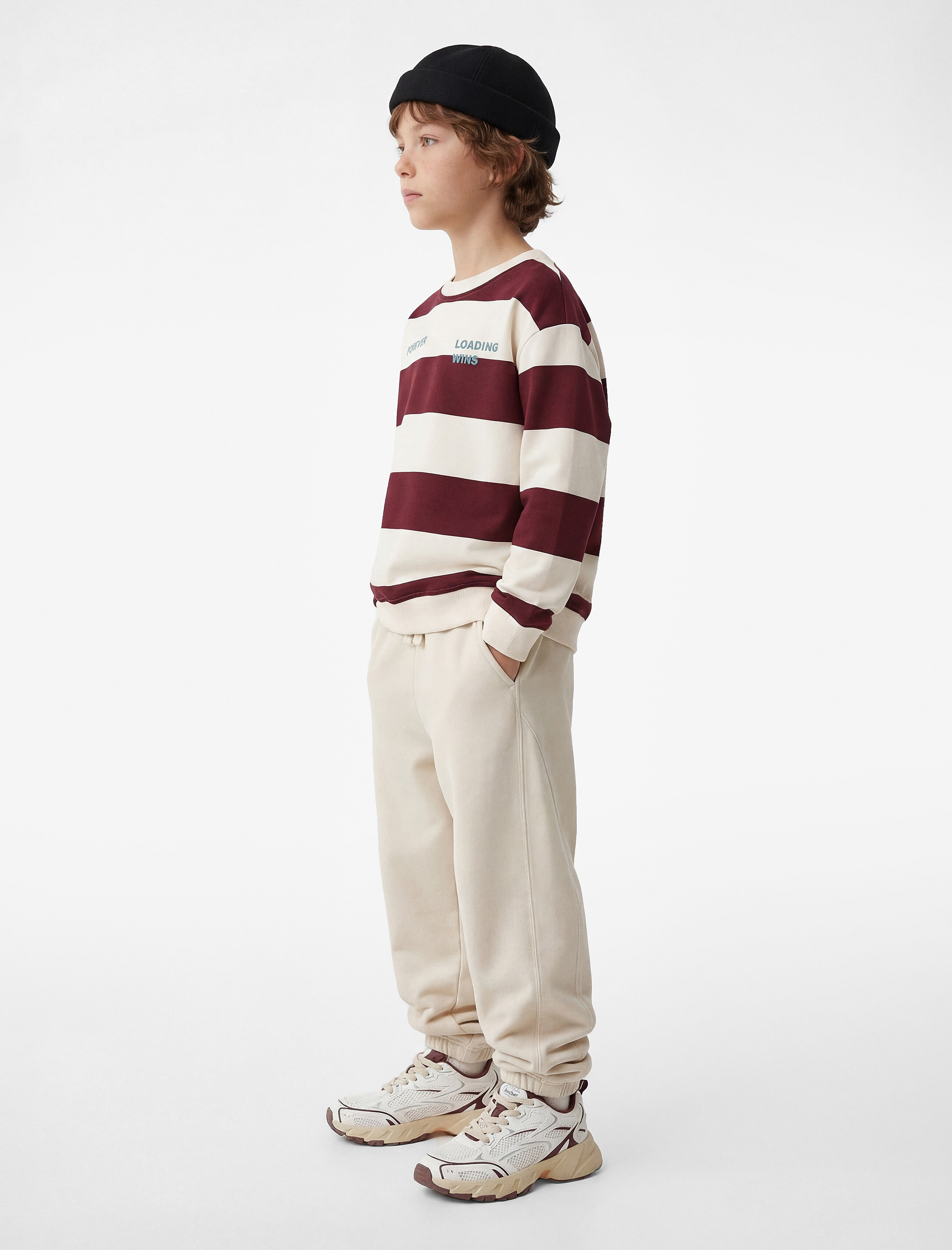  Erkek Çocuk Baskılı Uzun Kollu Bisiklet Yaka Çizgili Sweatshirt