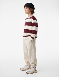 Baskılı Uzun Kollu Bisiklet Yaka Çizgili Sweatshirt