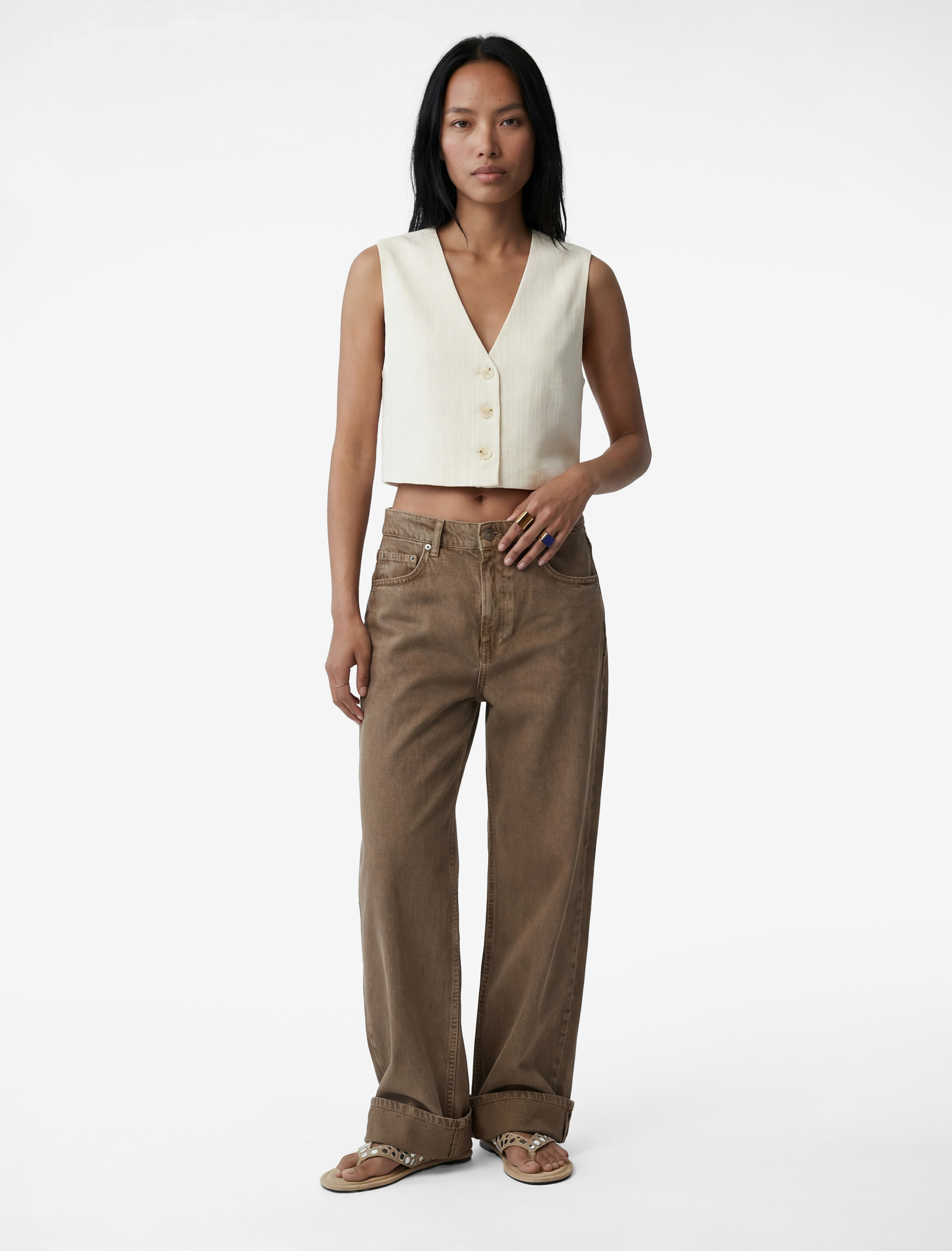   Keten Karışımlı V Yaka Kruvaze Düğmeli Yelek