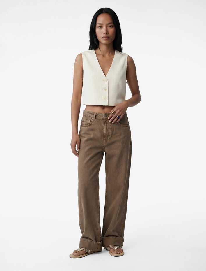  Keten Karışımlı V Yaka Kruvaze Düğmeli Yelek