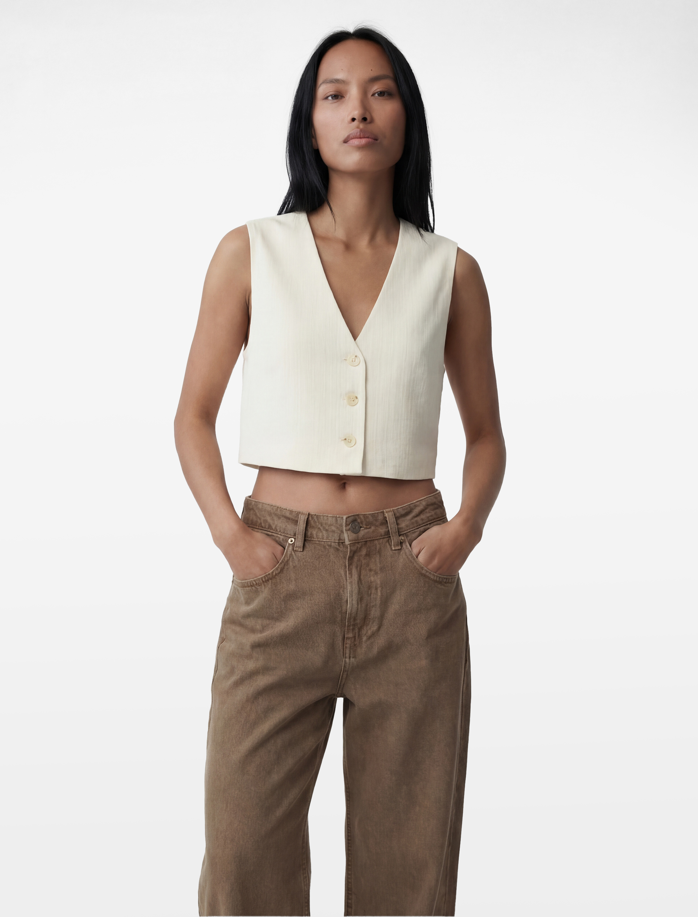   Keten Karışımlı V Yaka Kruvaze Düğmeli Yelek