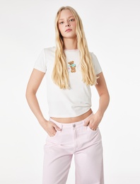 Slim Fit Kısa Kollu Bisiklet Yaka Ayıcık Nakışlı Tişört