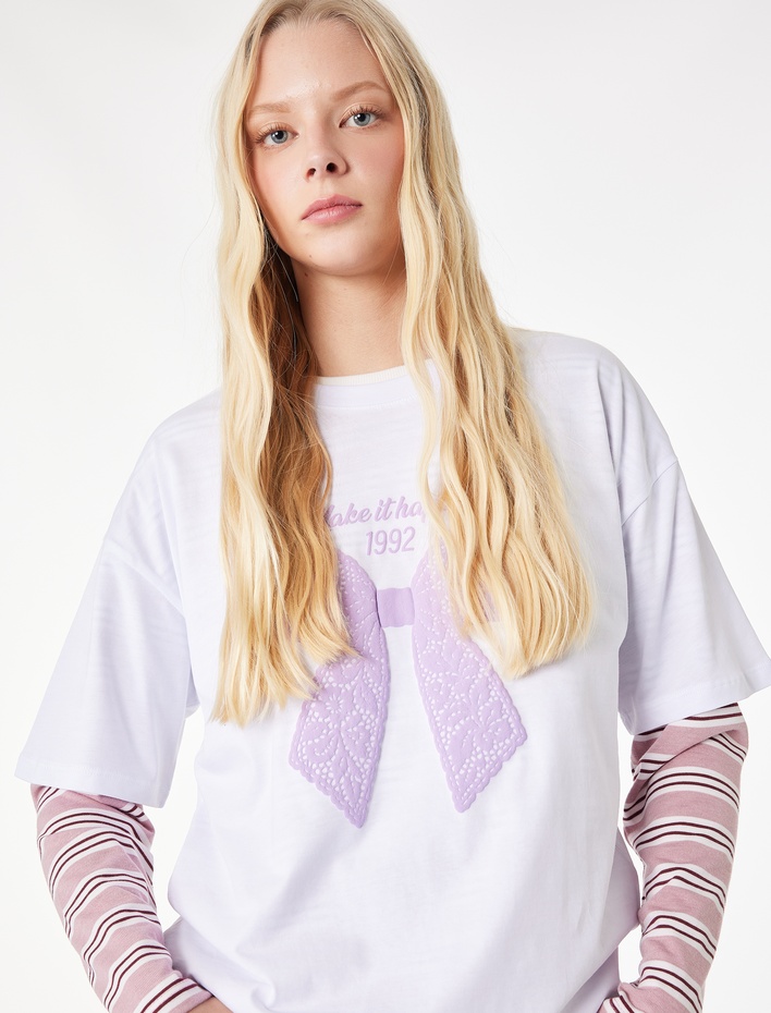  Kısa Kollu Bisiklet Yaka Fiyonk Baskılı Oversize Tişört