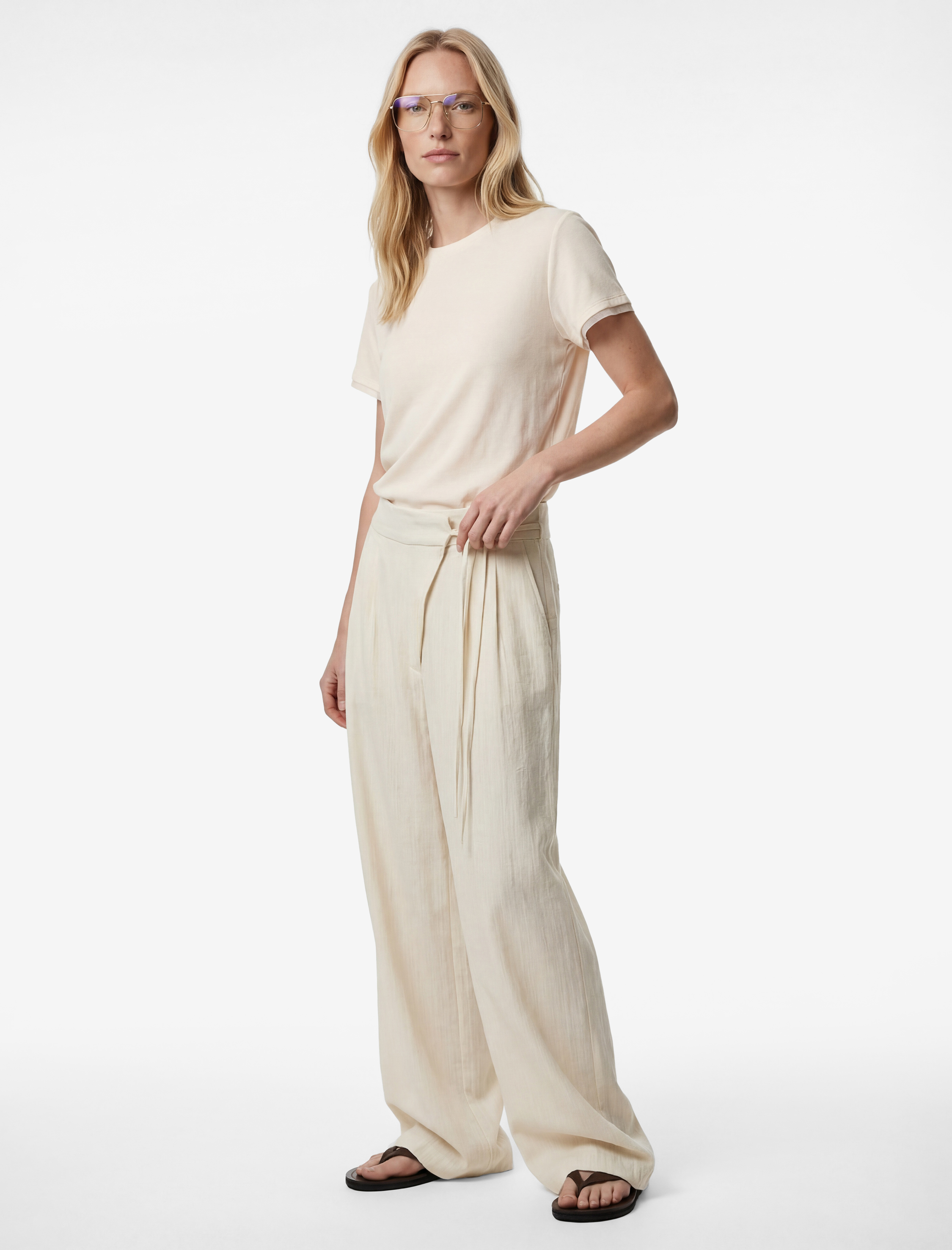   Keten Karışımlı Bağlama Detaylı Geniş Paça Pantolon