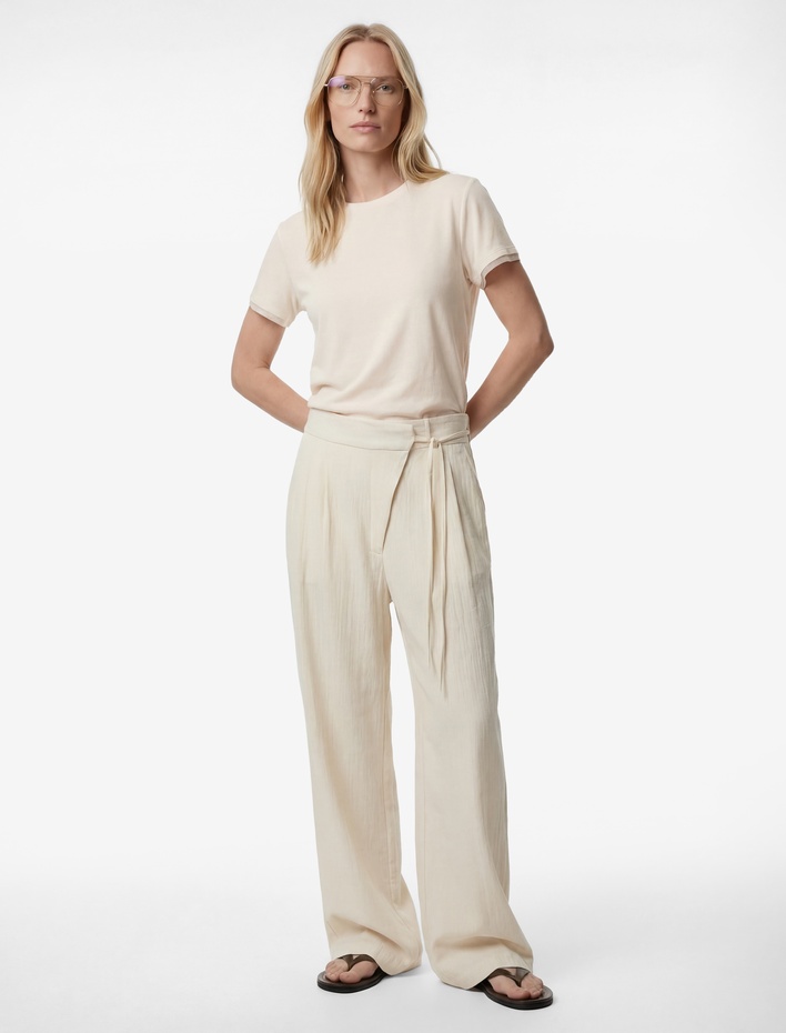  Keten Karışımlı Bağlama Detaylı Geniş Paça Pantolon