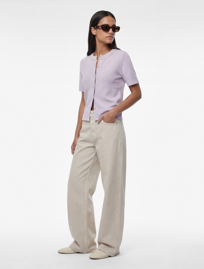  Pike Kumaş İnci Detaylı Kısa Kollu Bisiklet Yaka Crop Hırka