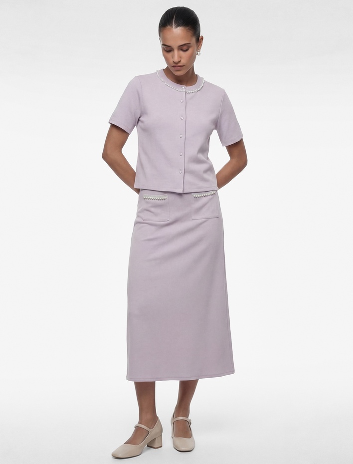  Pike Kumaş İnci Detaylı Kısa Kollu Bisiklet Yaka Crop Hırka