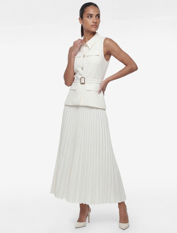  Krep Kumaş Slim Fit Düğmeli Kemerli Midi Boy Pileli Kolsuz Ceket Elbise