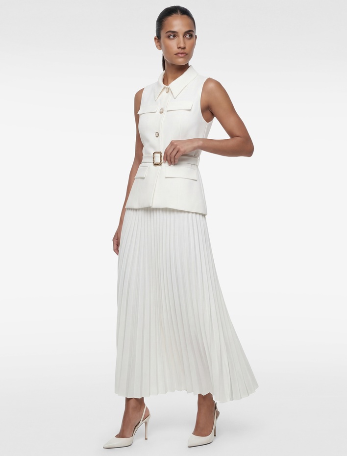  Krep Kumaş Slim Fit Düğmeli Kemerli Midi Boy Pileli Kolsuz Ceket Elbise