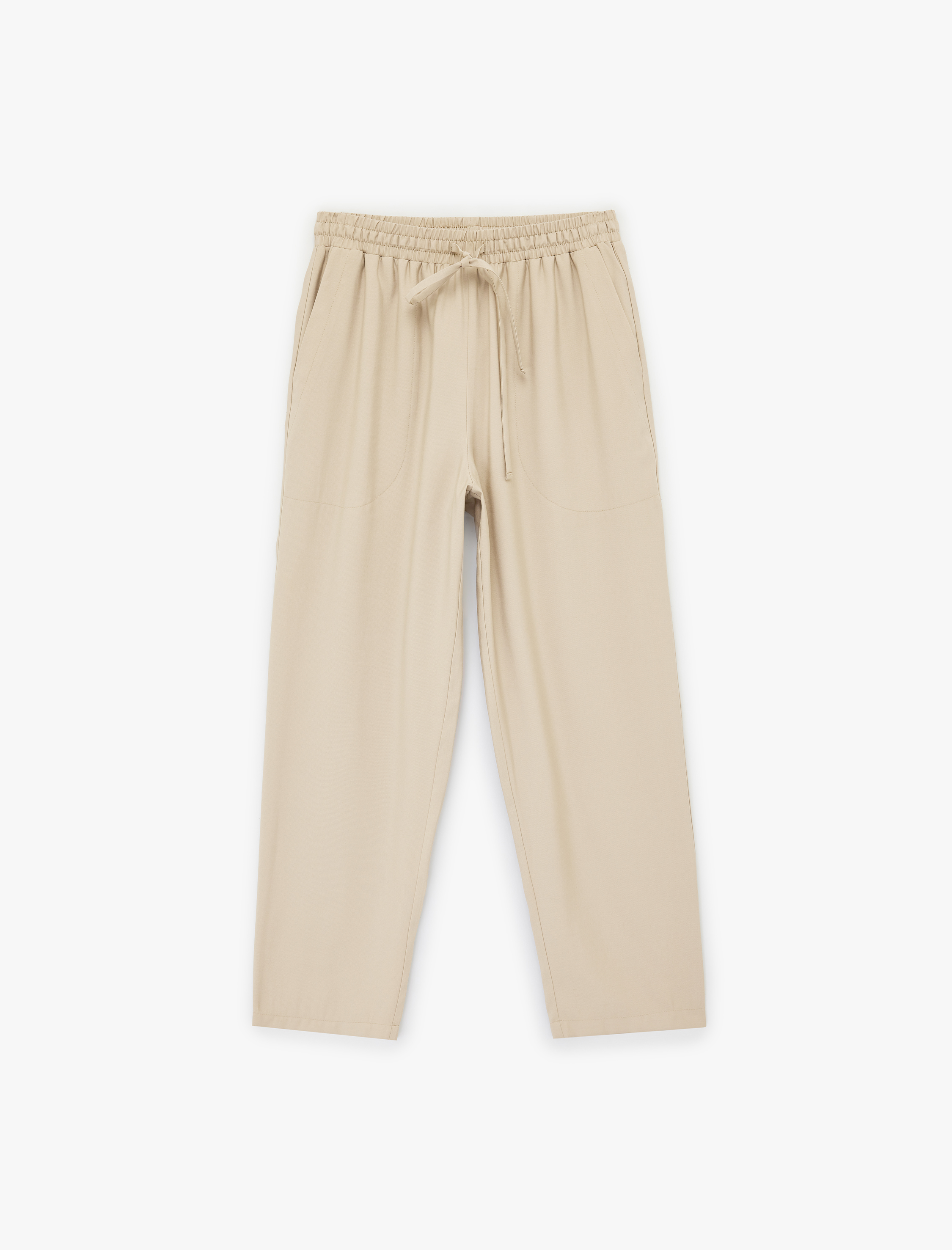   Cep Detaylı Düz Paça Beli Bağcıklı Viskon Havuç Pantolon