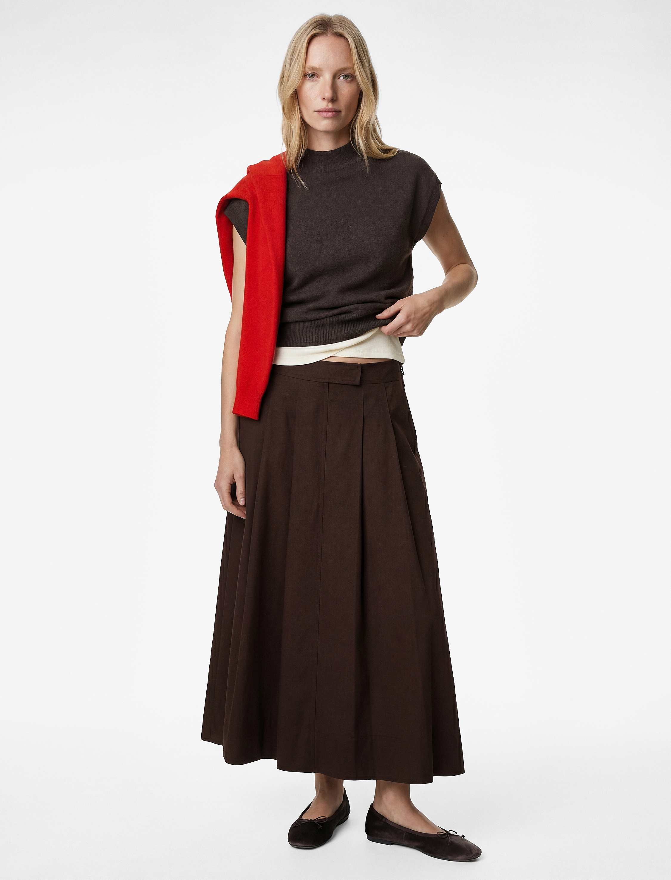   Pamuklu Cepli Pile Detaylı Çan Kesim Midi Poplin Etek