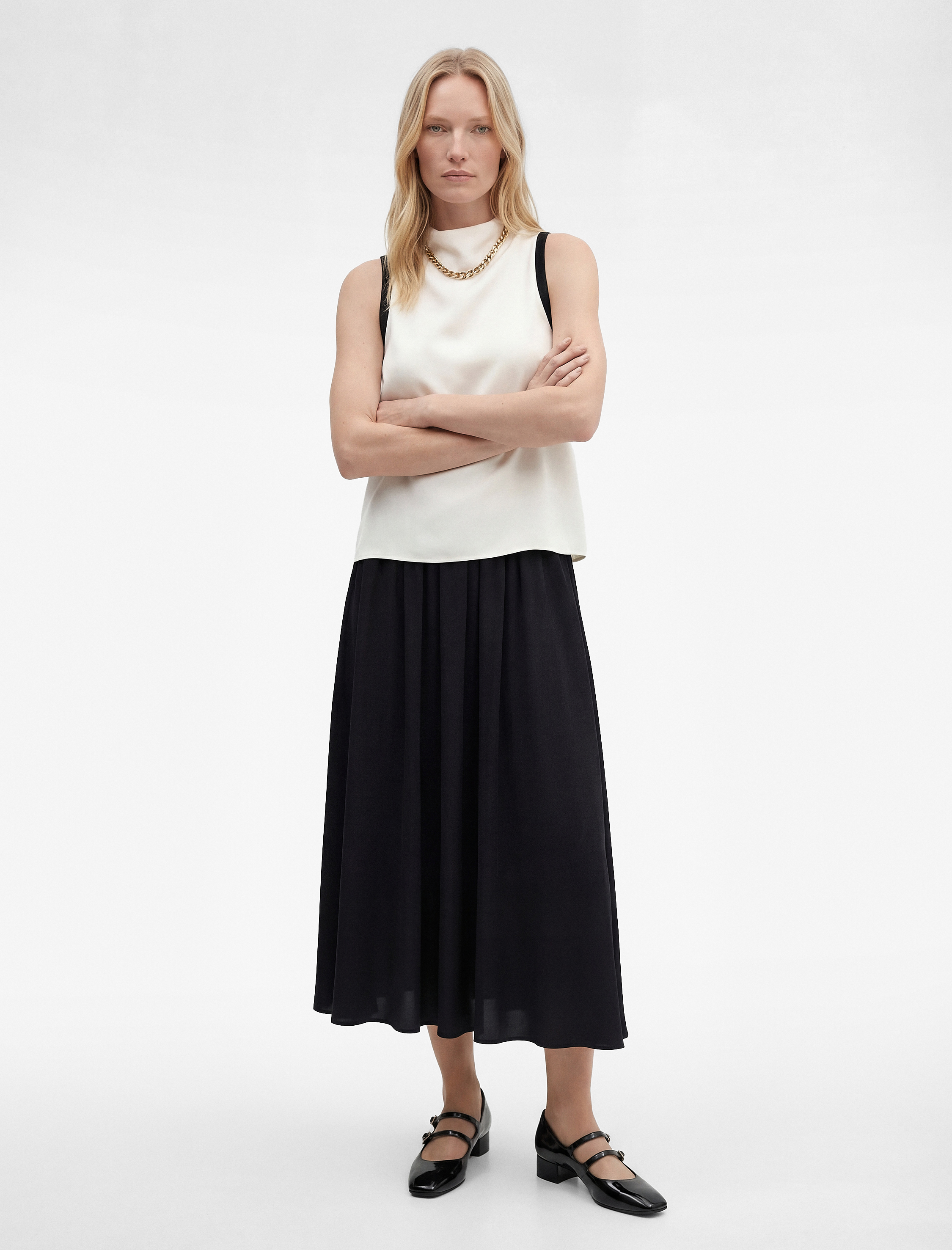   Pileli Saten Kloş Uzun Etek