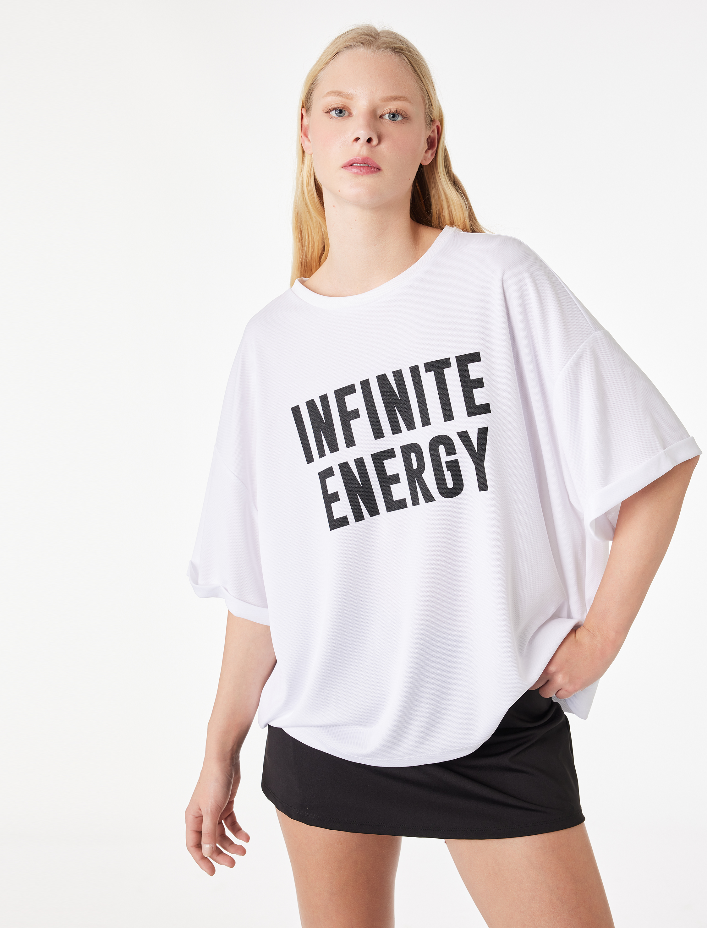   Yarım Kollu Bisiklet Yaka Baskılı Oversize Spor Tişört