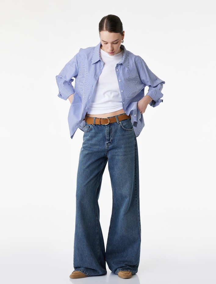  Pamuklu Kemerli İspanyol Paça Denim Pantolon - Flare Jeans