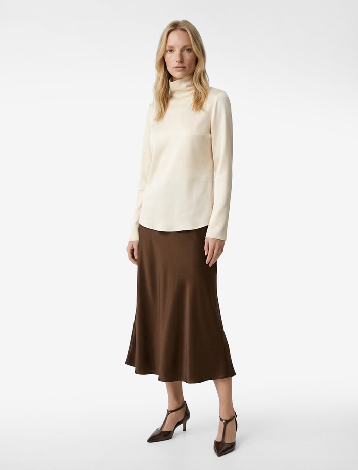  Viskon Kumaş Midi Saten Kloş Etek