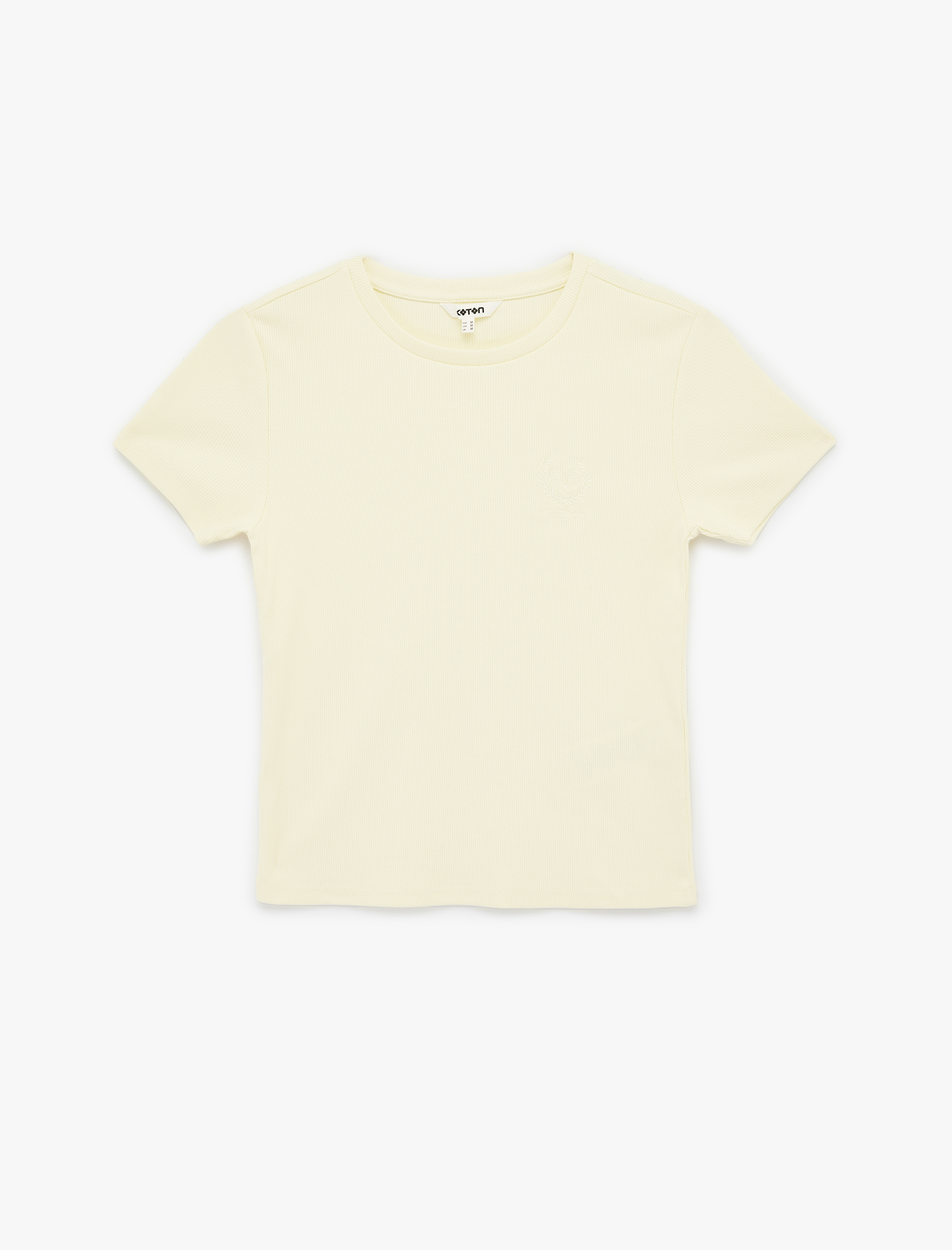   Pamuklu Slim Fit Kısa Kollu Bisiklet Yaka Nakış Detaylı Fitilli Tişört