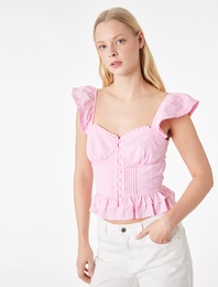 Pamuklu Düğmeli Fırfırlı Volanlı Kalp Yaka Kolsuz Bluz