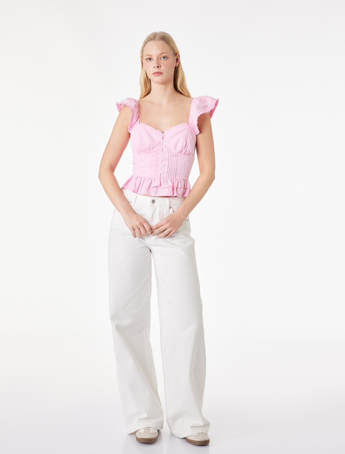  Pamuklu Düğmeli Fırfırlı Volanlı Kalp Yaka Kolsuz Bluz