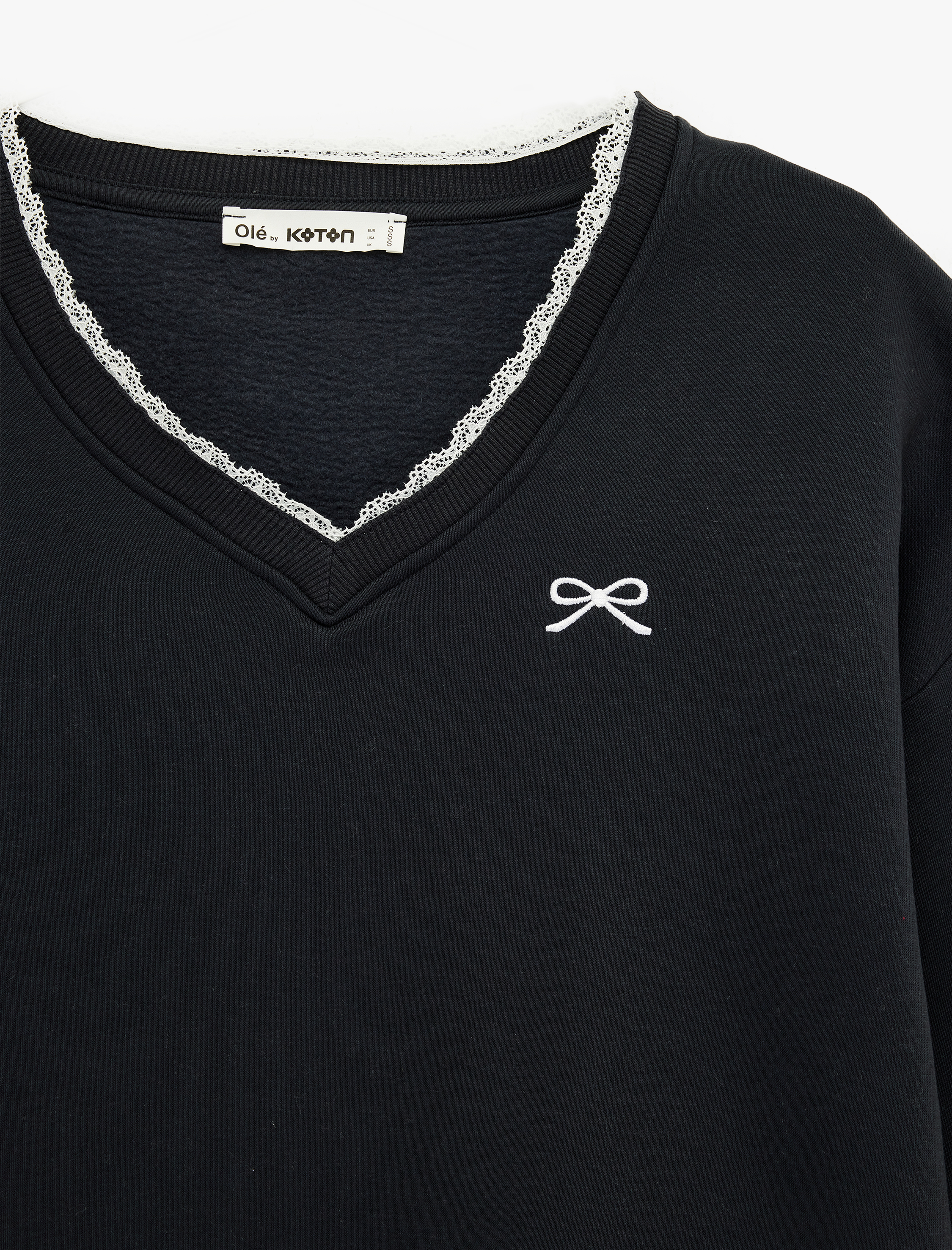   Şardonlu Fiyonklu Dantel Detaylı V Yaka Uzun Kollu Oversize Sweatshirt