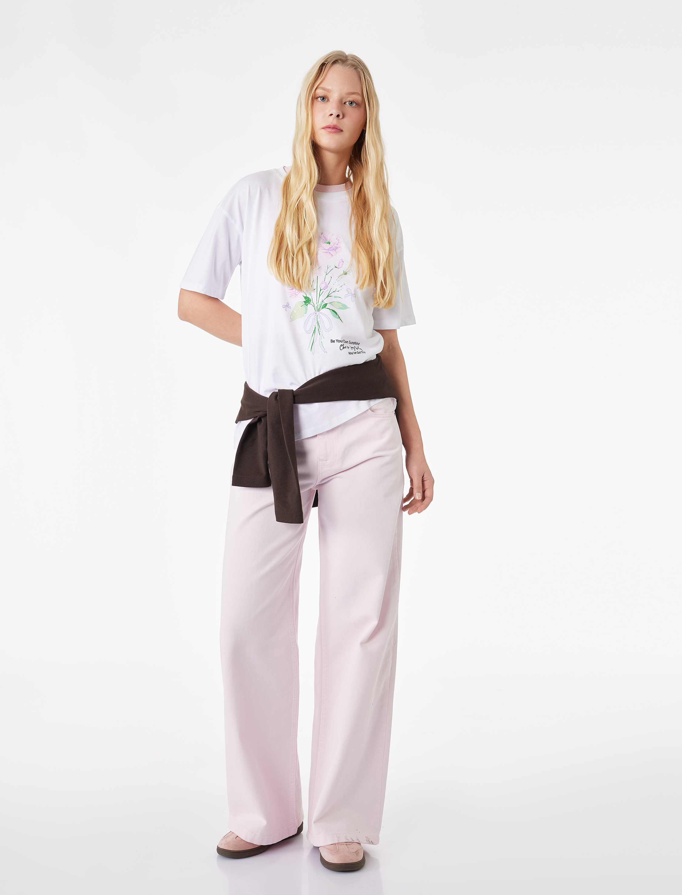   Kısa Kollu Bisiklet Yaka Pamuklu Çiçek Baskılı Oversize Tişört