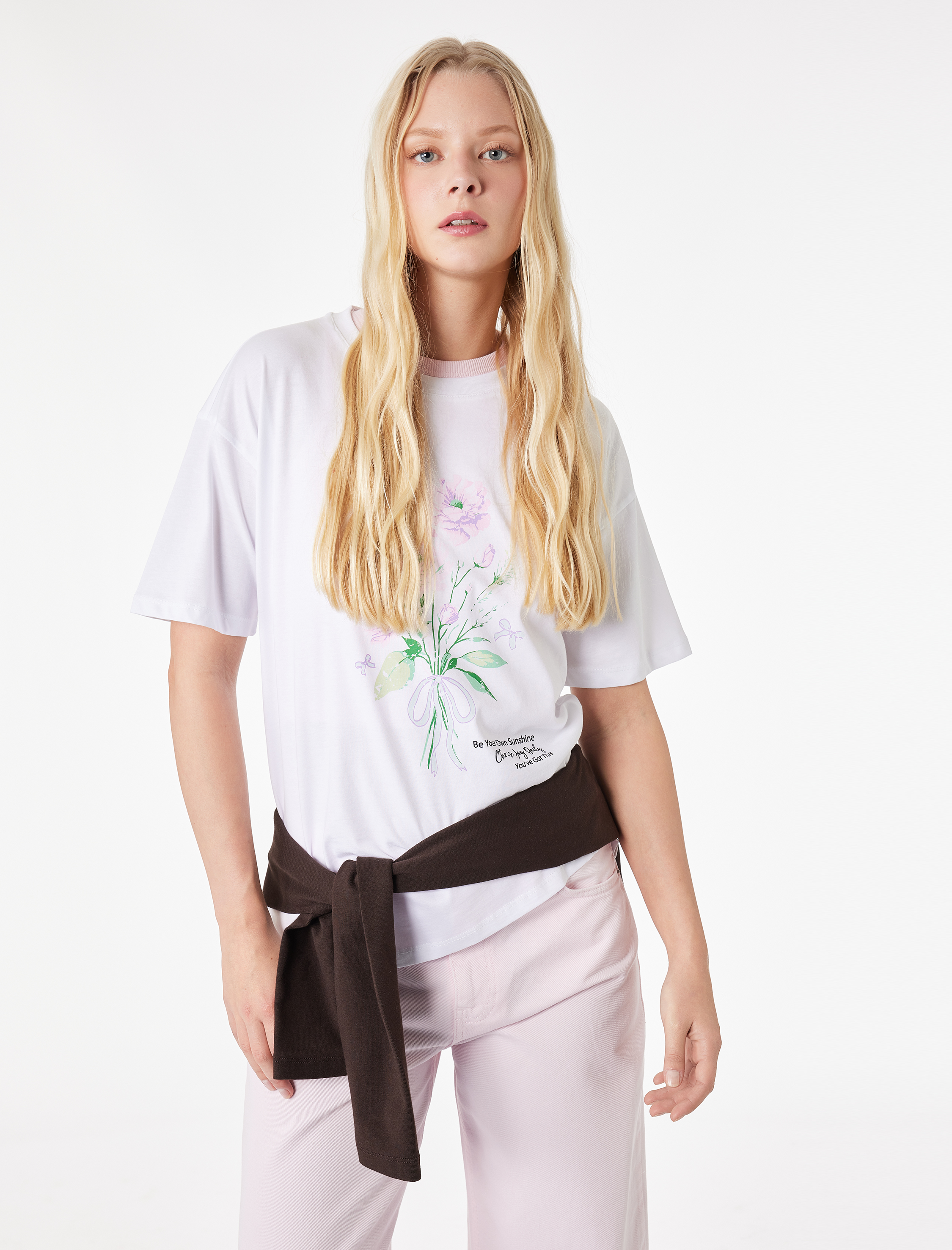   Kısa Kollu Bisiklet Yaka Pamuklu Çiçek Baskılı Oversize Tişört