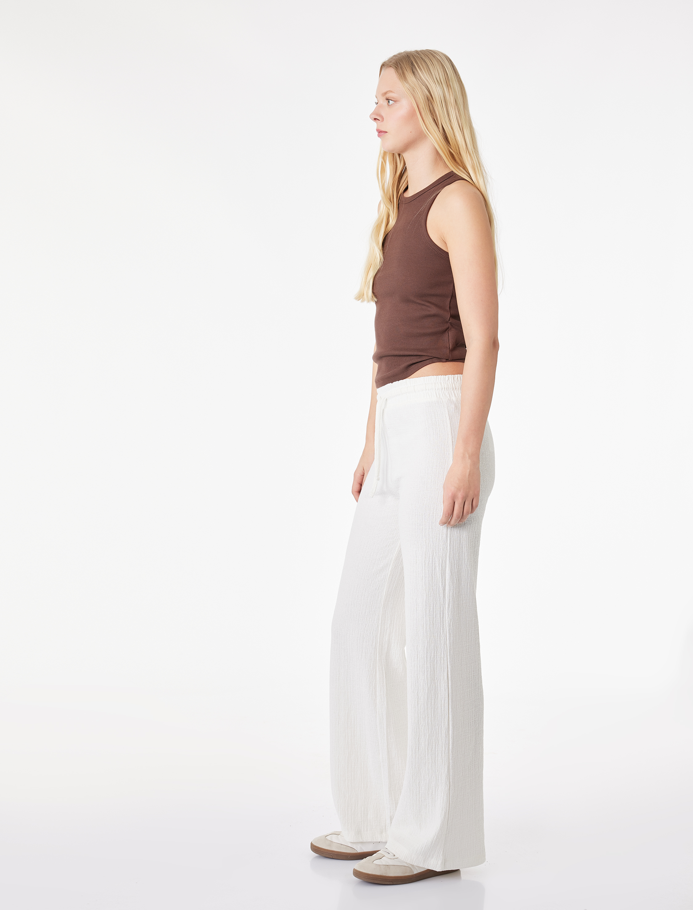   Yüksek Bel Rahat Kalıp Geniş Paça Beli Bağcıklı Pantolon