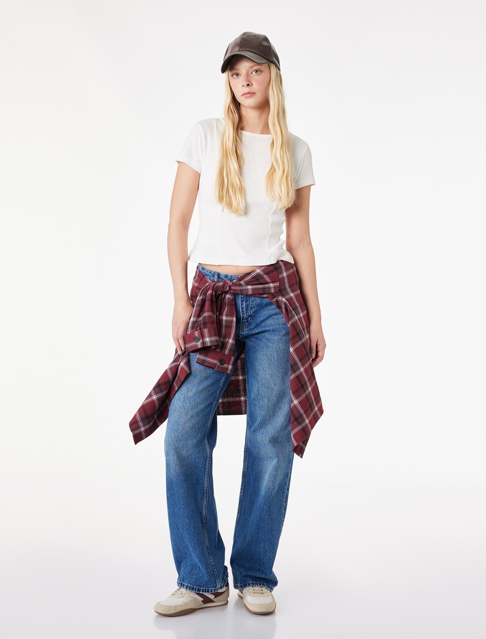  Pamuklu Kısa Kollu Korse Detaylı Bisiklet Yaka Tişört