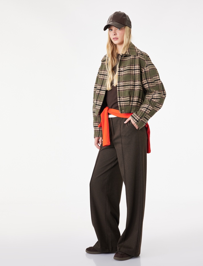  Düz Paça Slim Fit Düğmeli Nervürlü Yüksek Bel Pantolon