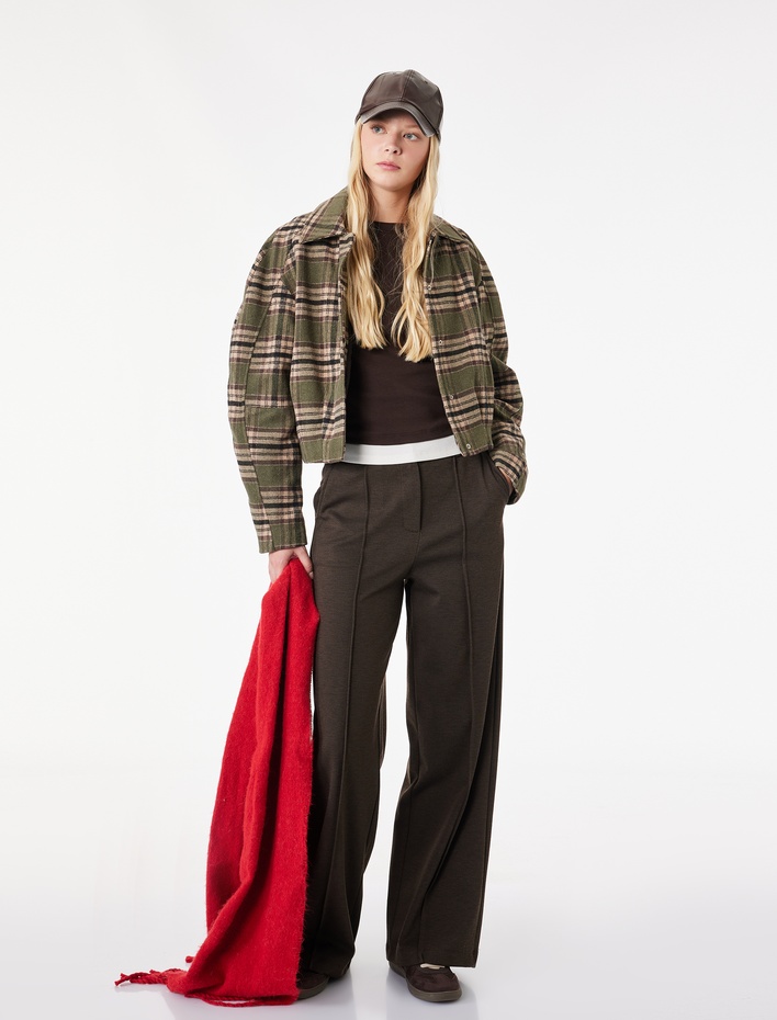  Düz Paça Slim Fit Düğmeli Nervürlü Yüksek Bel Pantolon