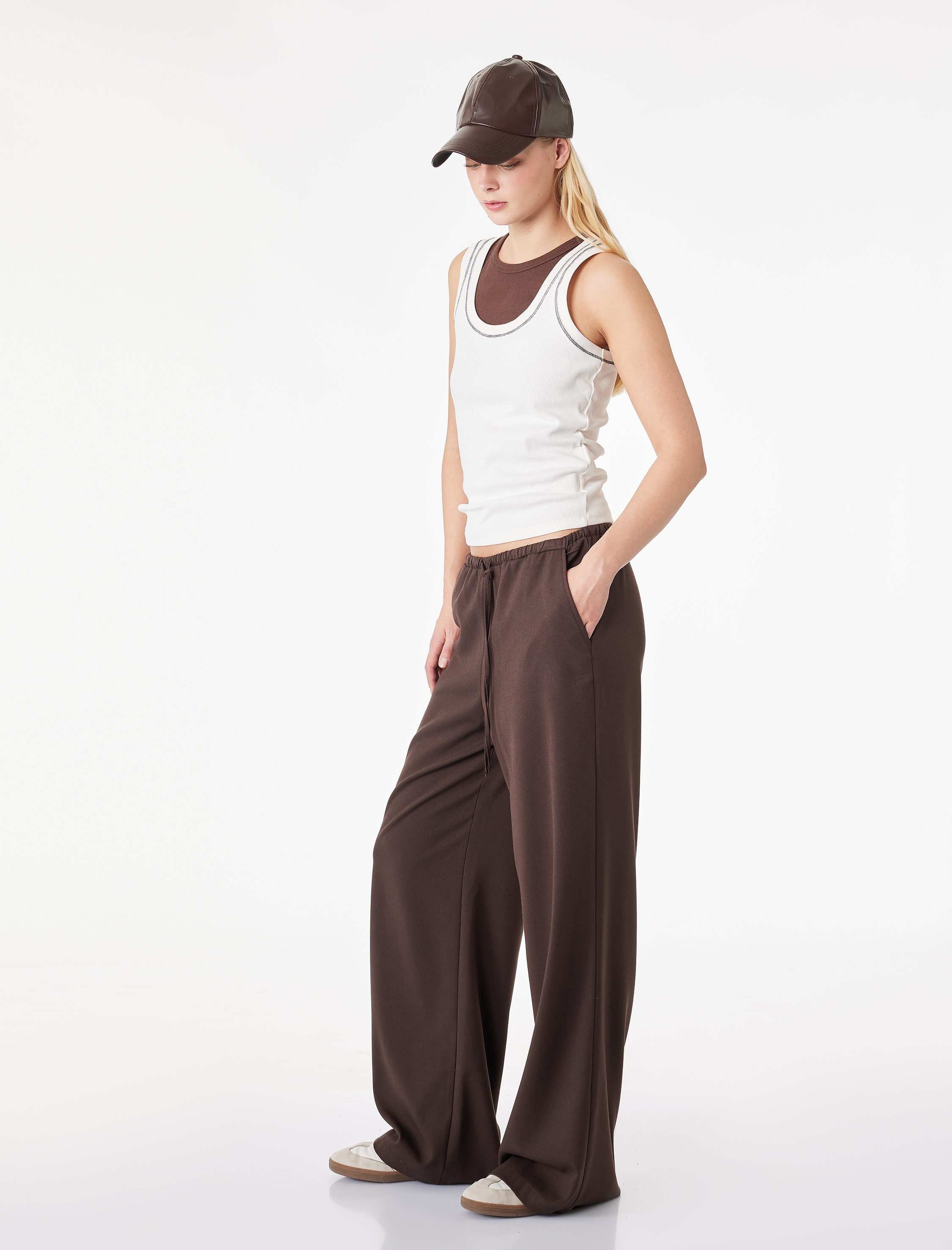   Cepli Rahat Kalıp Viskon Karışımlı Beli Bağcıklı Geniş Paça Pantolon